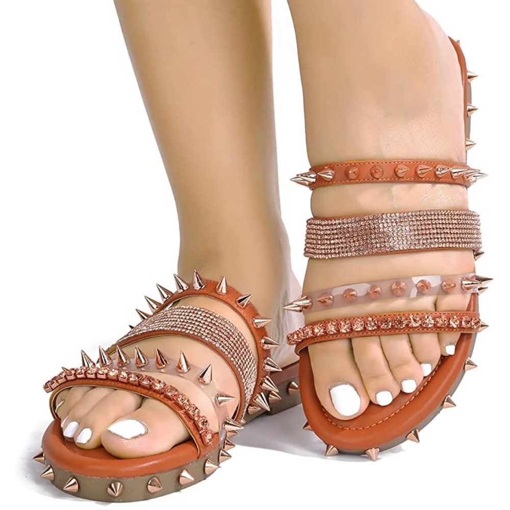 Studded Rhinestone Slide Sandals Womens Size 8 Tan Spike Embellished NEW